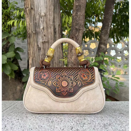 white Vintage Leather Women's Handbag Bamboo Handle