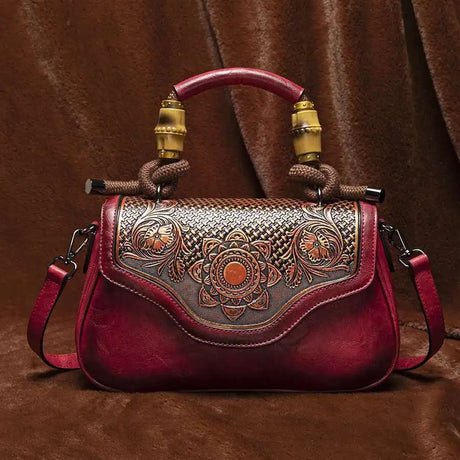 red Vintage Leather Women's Handbag Bamboo Handle