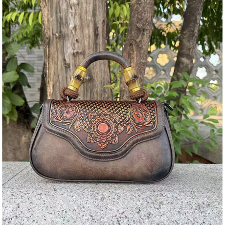 grey Vintage Leather Women's Handbag Bamboo Handle