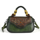 green Vintage Leather Women's Handbag Bamboo Handle