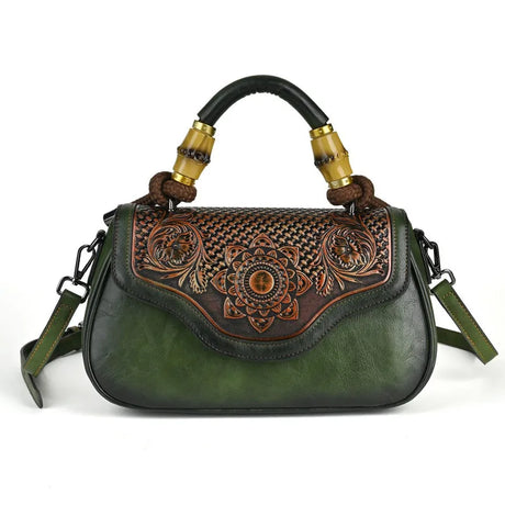 green Vintage Leather Women's Handbag Bamboo Handle