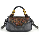 grey Vintage Leather Women's Handbag Bamboo Handle