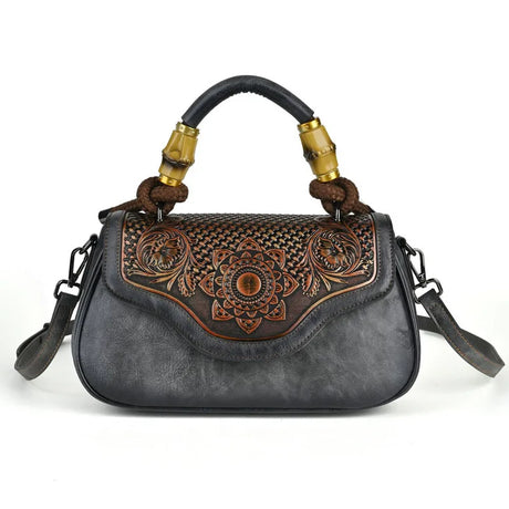 grey Vintage Leather Women's Handbag Bamboo Handle