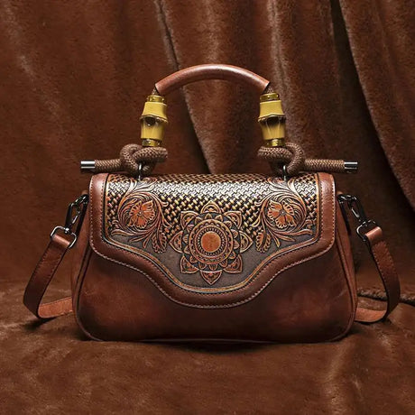 brown Vintage Leather Women's Handbag Bamboo Handle