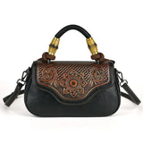 black Vintage Leather Women's Handbag Bamboo Handle