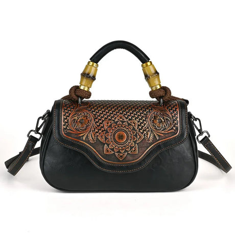 black Vintage Leather Women's Handbag Bamboo Handle