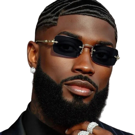 Model using Vintage Metal Rectangle Rimless Punk Sunglasses