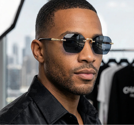 Model Using Vintage Octagon Rimless Geometric Sunglasses