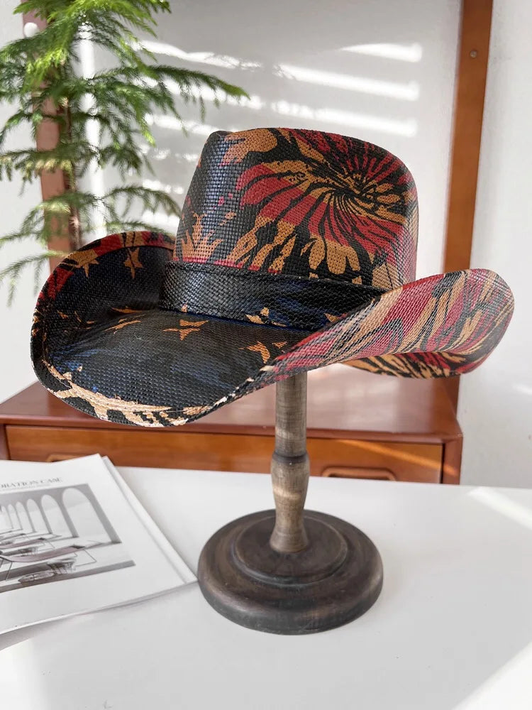 Vintage Panama Cowboy Hat red black