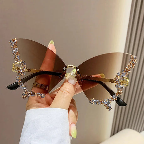 Brown Vintage Rimless Oversized Diamond Butterfly Sunglasses