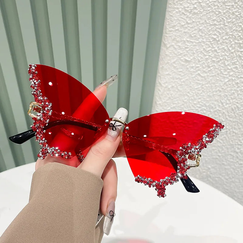 Red Vintage Rimless Oversized Diamond Butterfly Sunglasses