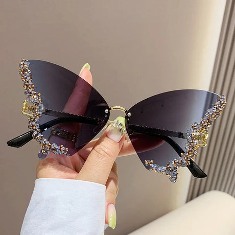 Black Vintage Rimless Oversized Diamond Butterfly Sunglasses