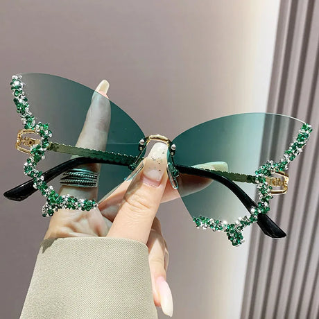 Green Vintage Rimless Oversized Diamond Butterfly Sunglasses