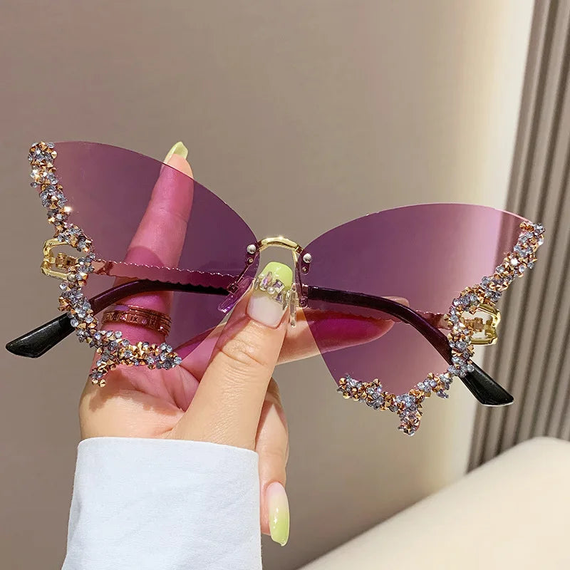 Purple Vintage Rimless Oversized Diamond Butterfly Sunglasses
