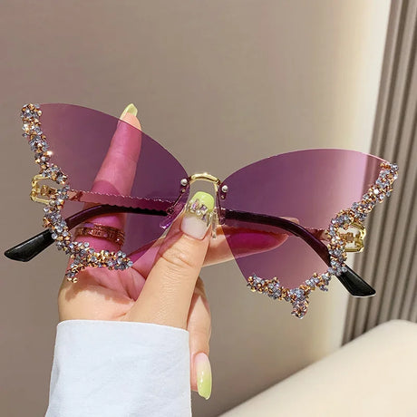 Purple Vintage Rimless Oversized Diamond Butterfly Sunglasses