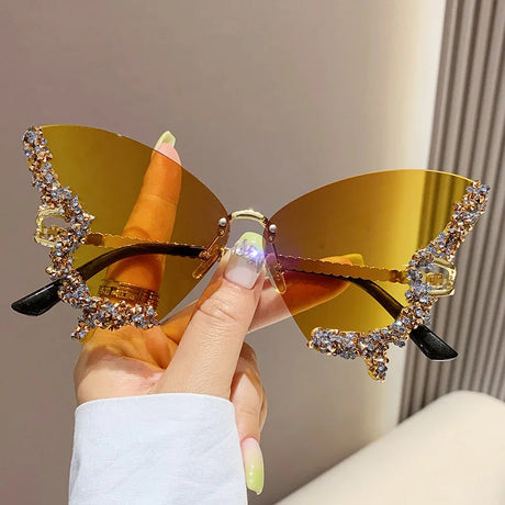 Yellow Vintage Rimless Oversized Diamond Butterfly Sunglasses