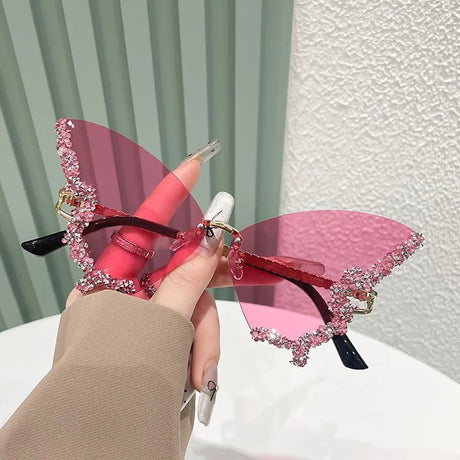Pink Vintage Rimless Oversized Diamond Butterfly Sunglasses