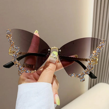 Black Vintage Rimless Oversized Diamond Butterfly Sunglasses