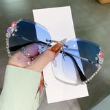 Blue Vintage Rimless Rhinestone Gradient Lens Sunglasses