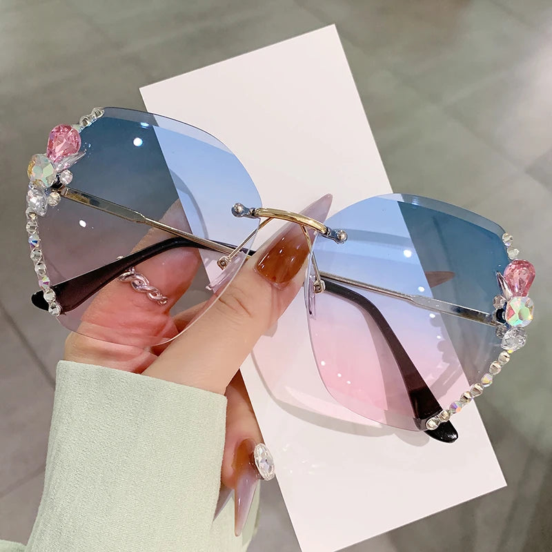 Blue ink Vintage Rimless Rhinestone Gradient Lens Sunglasses