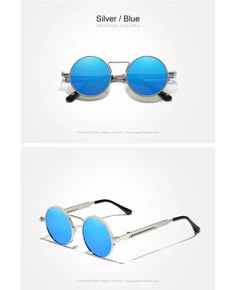 Blue Vintage Round Metal Frame Polarized Gothic Steampunk Sunglasses