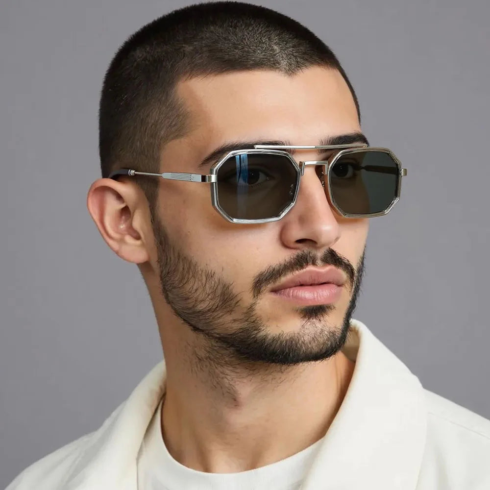 Model Using Vintage Square Steampunk Men Sunglasses