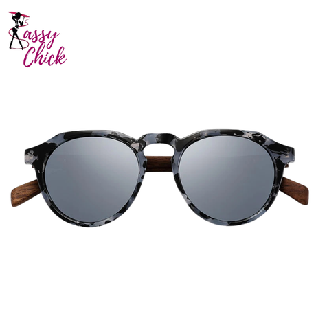 Walnut Wood Round Shell Frames Sunglasses Sassy Chick Logo