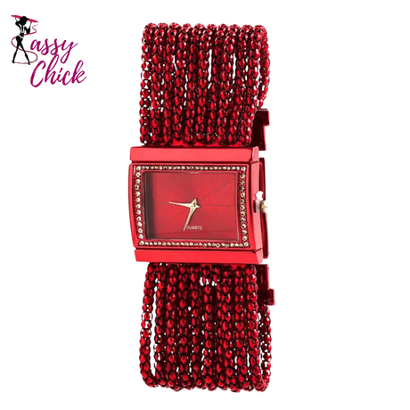 Watch Multi-Layer Bead Chain Rhinestone Inlaid Alloy Bracelet Sassy Chick Logo
