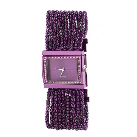 Purple Watch Multi-Layer Bead Chain Rhinestone Inlaid Alloy Bracelet