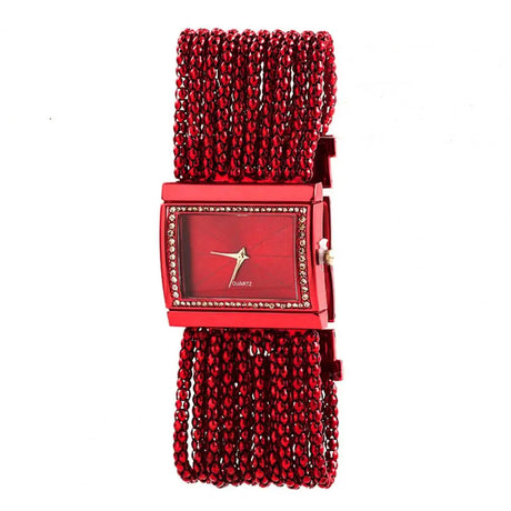 Red Watch Multi-Layer Bead Chain Rhinestone Inlaid Alloy Bracelet