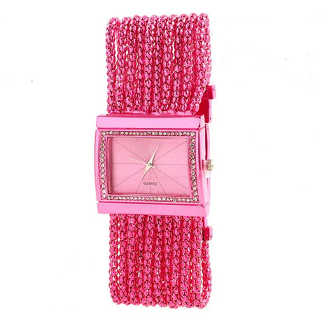 Pink Watch Multi-Layer Bead Chain Rhinestone Inlaid Alloy Bracelet