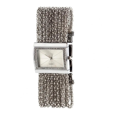 Silver Watch Multi-Layer Bead Chain Rhinestone Inlaid Alloy Bracelet