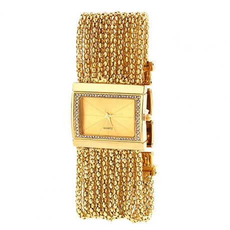 Gold Watch Multi-Layer Bead Chain Rhinestone Inlaid Alloy Bracelet