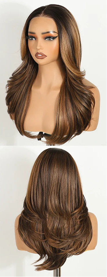 Brown Highlight Wavy Layered 6X4 Pre Plucked Synthetic Lace Front Wigs