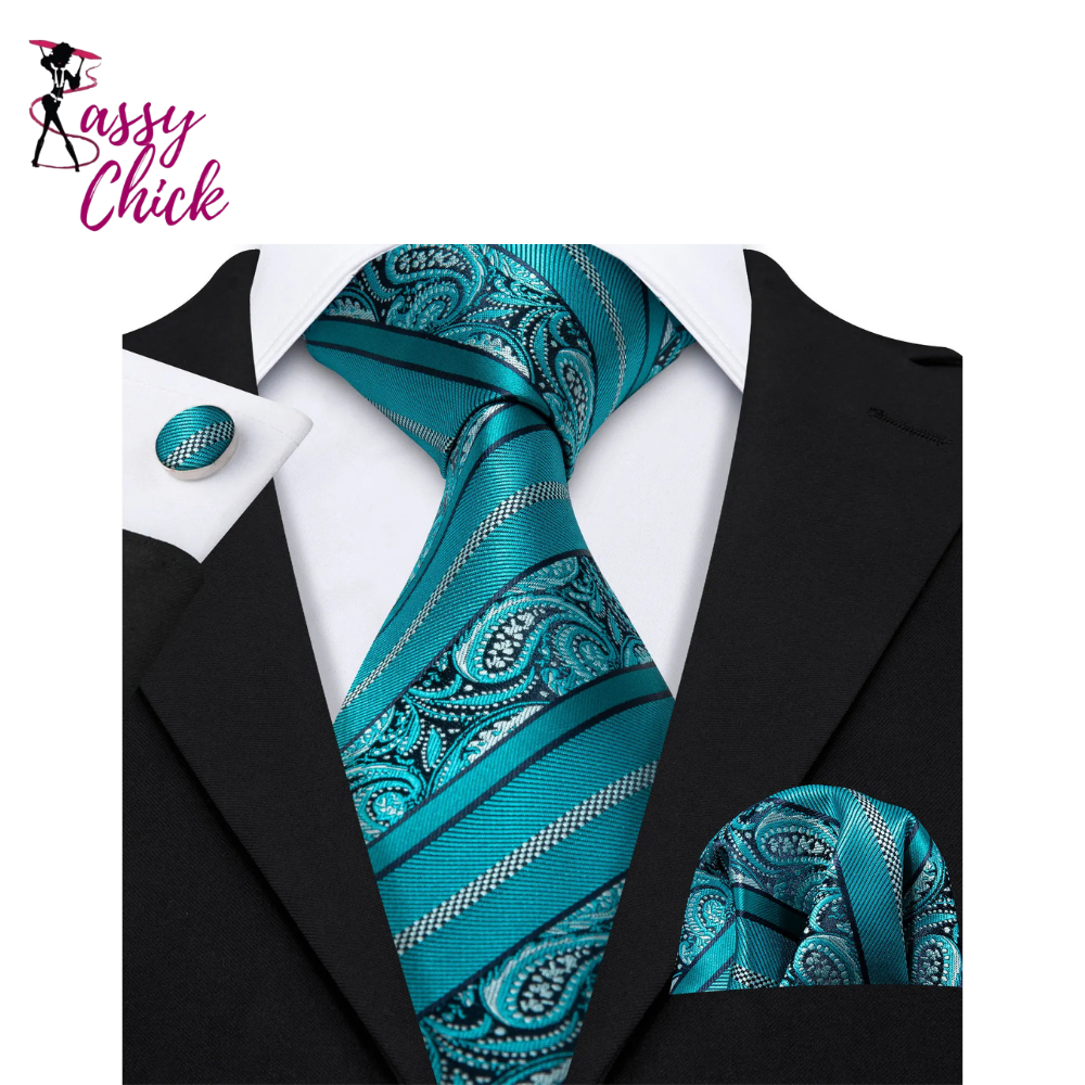 Wedding Blue Green Paisley Men Tie Handkerchief Cufflinks Set Sassy Chick Logo