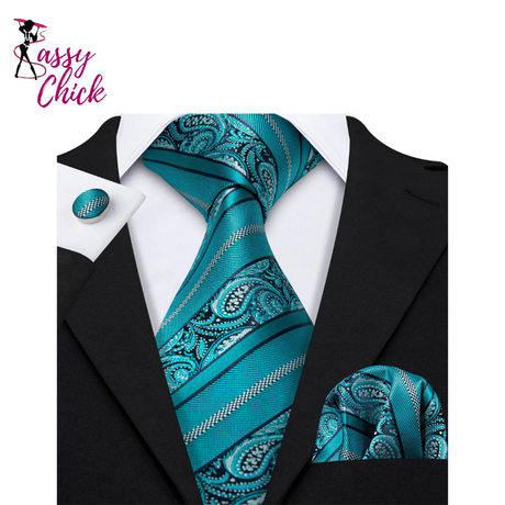 Wedding Blue Green Paisley Men Tie Handkerchief Cufflinks Set Sassy Chick Logo