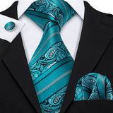 Wedding Blue Green Paisley Men Tie Handkerchief Cufflinks Set