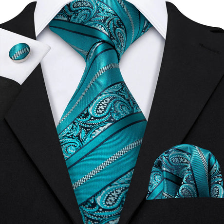 Wedding Blue Green Paisley Men Tie Handkerchief Cufflinks Set