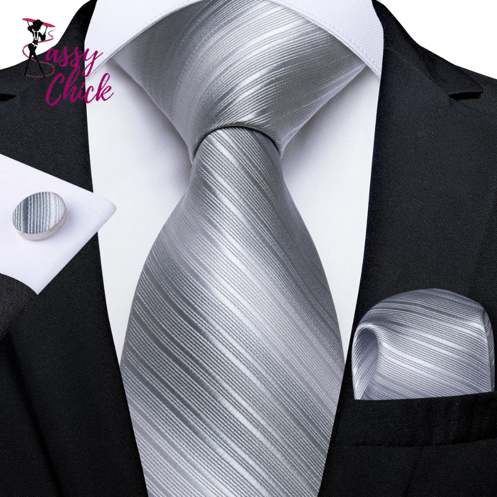 White Silver Paisley Hanky Cufflink Tie Set Sassy Chick Logo