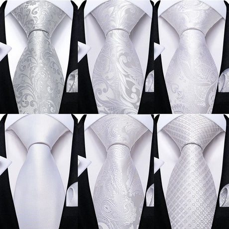 Collection of White Silver Paisley Hanky Cufflink Tie Set