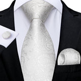 White Silver Paisley Hanky Cufflink Tie Set
