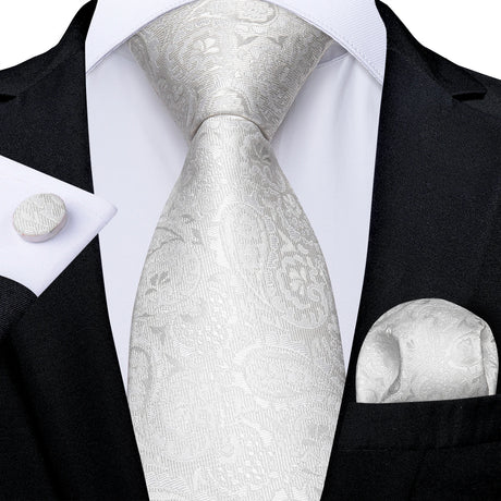White Silver Paisley Hanky Cufflink Tie Set