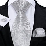 White Silver Paisley Hanky Cufflink Tie Set