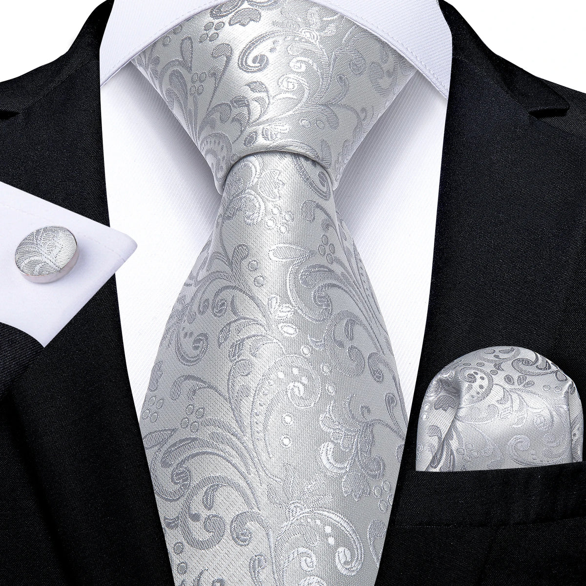 White Silver Paisley Hanky Cufflink Tie Set