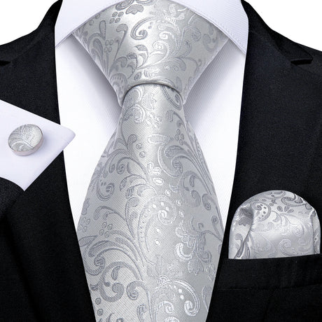 White Silver Paisley Hanky Cufflink Tie Set