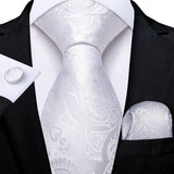White Silver Paisley Hanky Cufflink Tie Set