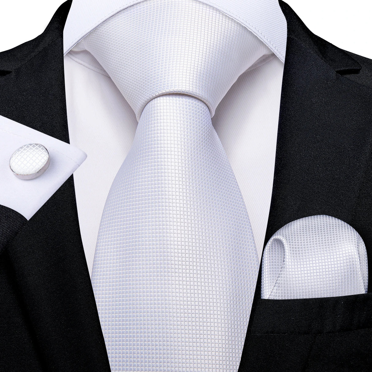 White Silver Paisley Hanky Cufflink Tie Set