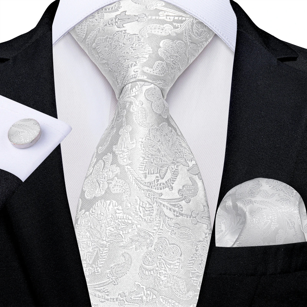 White Silver Paisley Hanky Cufflink Tie Set