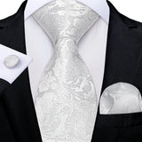 White Silver Paisley Hanky Cufflink Tie Set