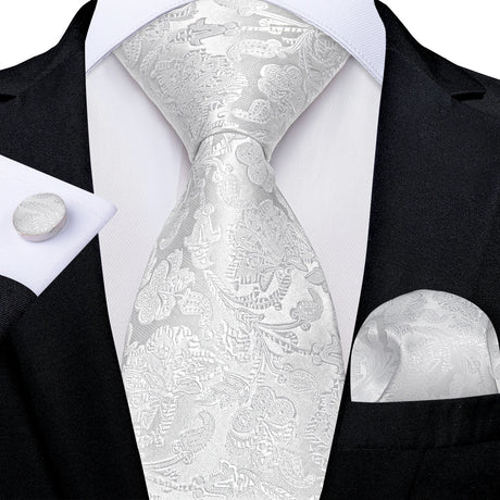 White Silver Paisley Hanky Cufflink Tie Set